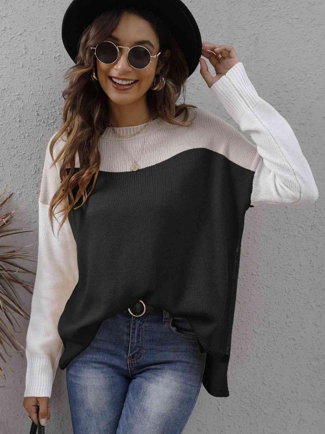 Fall Happiness Drop Shoulder Color Block Sweater - MXSTUDIO.COM