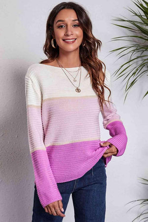 Fall Ready Color Block Horizontal Rib Sweater - MXSTUDIO.COM