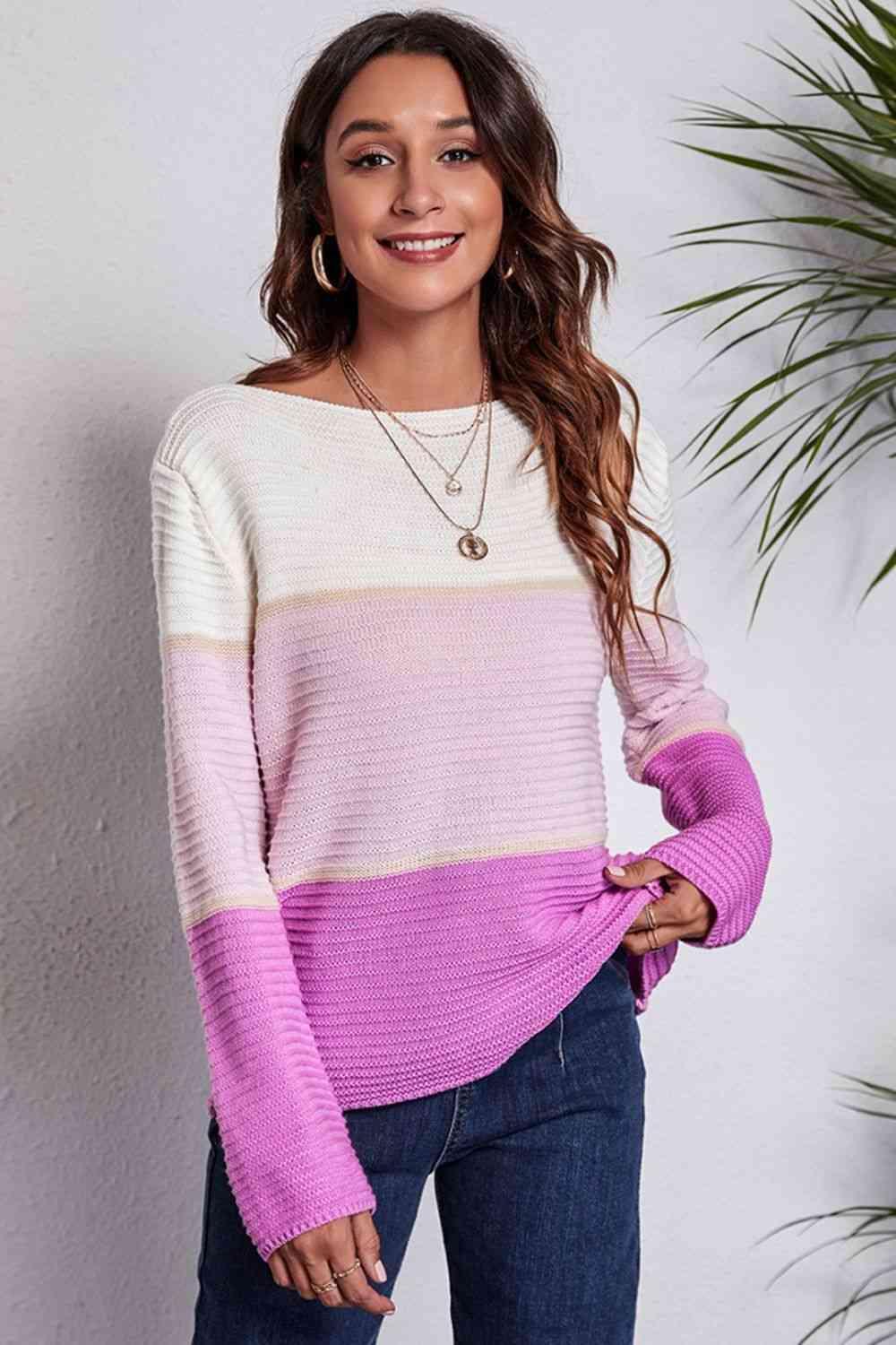 Fall Ready Color Block Horizontal Rib Sweater - MXSTUDIO.COM