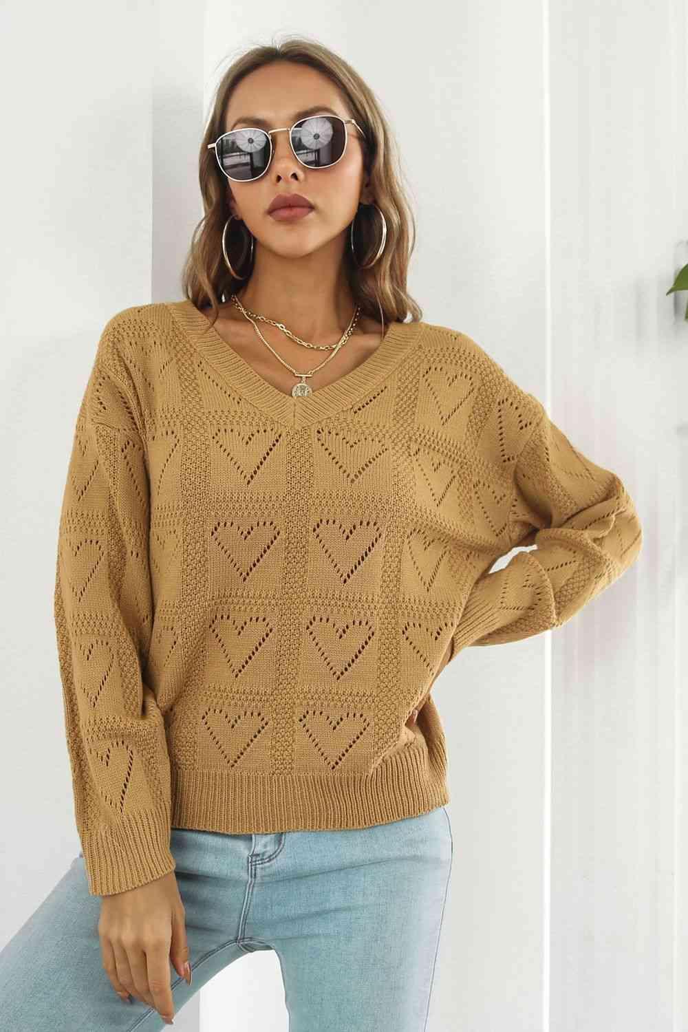 Fall Romance Knit V-Neck Heart Sweater - MXSTUDIO.COM