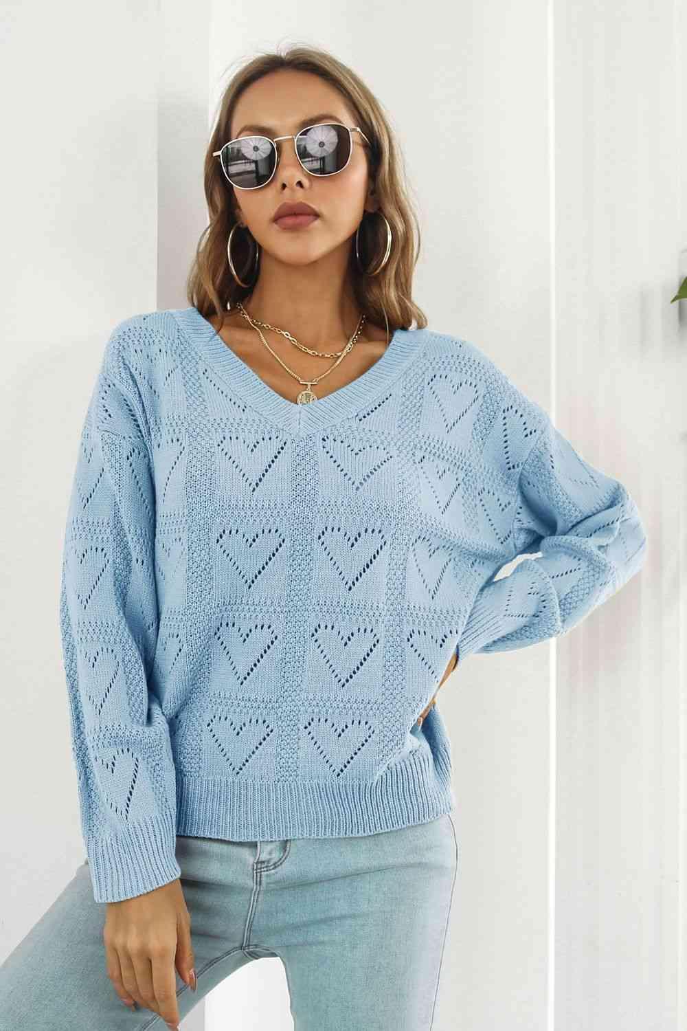 Fall Romance Knit V-Neck Heart Sweater - MXSTUDIO.COM