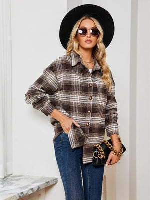 Fall Staple Collared Plaid Button Up Jacket-MXSTUDIO.COM