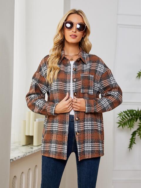 Fall Staple Collared Plaid Button Up Jacket-MXSTUDIO.COM
