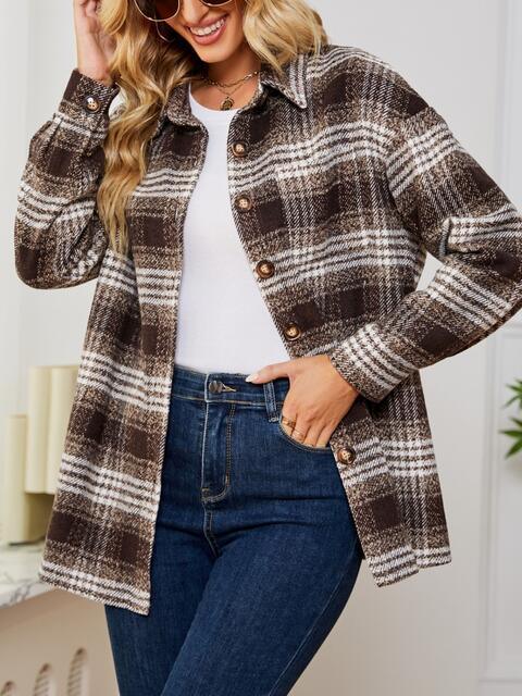 Fall Staple Collared Plaid Button Up Jacket-MXSTUDIO.COM