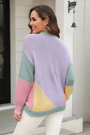 Fall Style Ribbed Knit Crew Neck Color Block Sweater - MXSTUDIO.COM