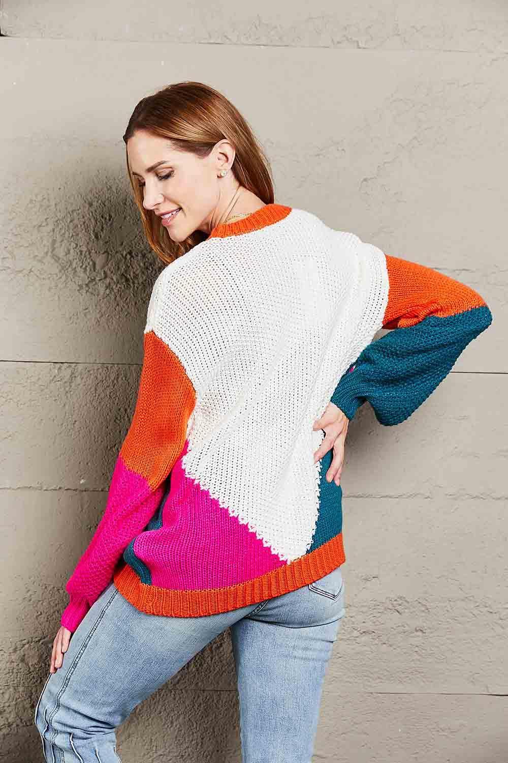 Fall Style Ribbed Knit Crew Neck Color Block Sweater - MXSTUDIO.COM