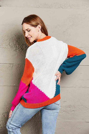 Fall Style Ribbed Knit Crew Neck Color Block Sweater - MXSTUDIO.COM