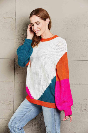 Fall Style Ribbed Knit Crew Neck Color Block Sweater - MXSTUDIO.COM