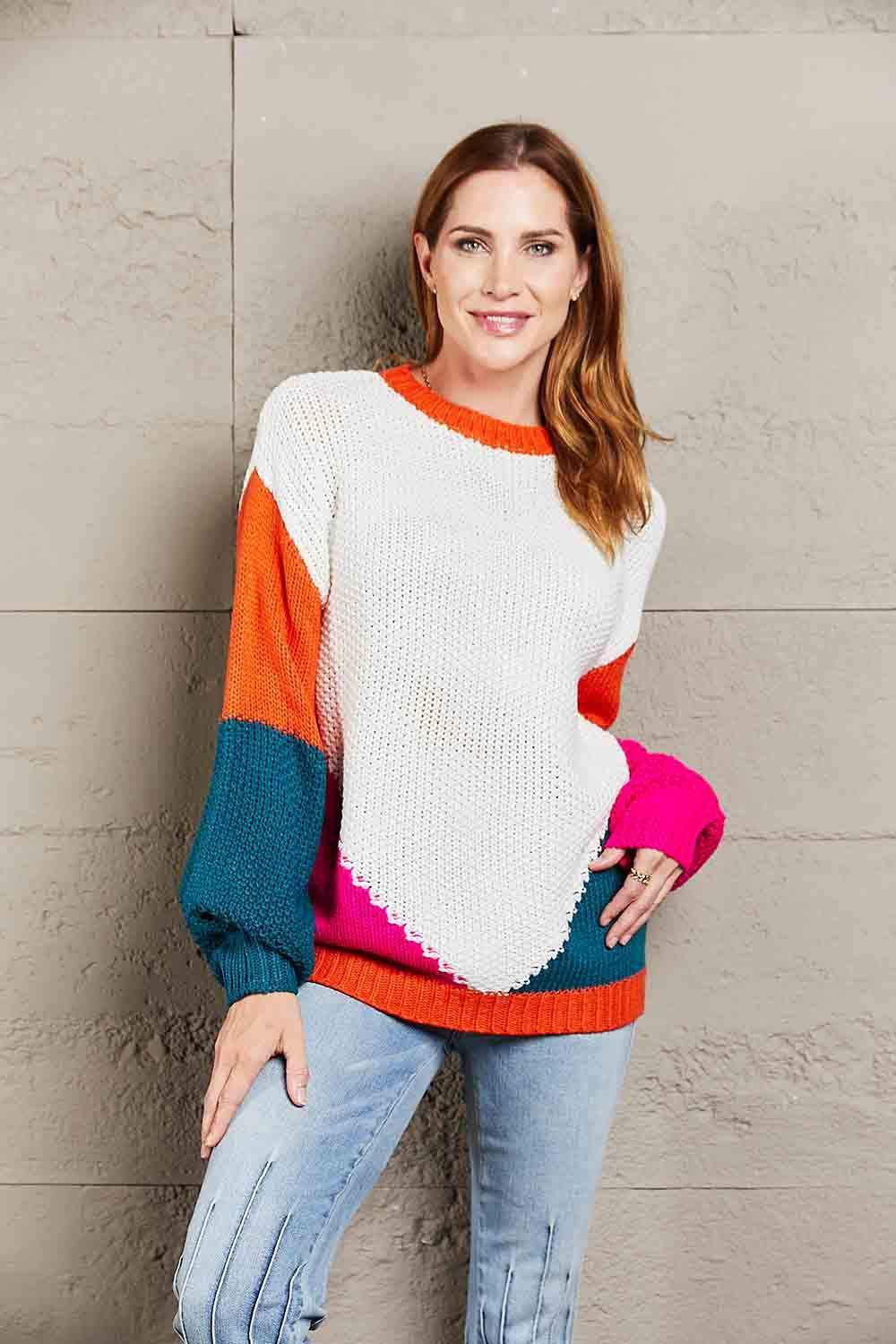 Fall Style Ribbed Knit Crew Neck Color Block Sweater - MXSTUDIO.COM