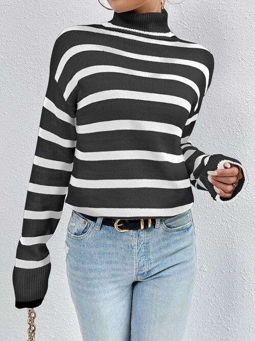 Fashion Favorite Turtle Neck Striped Sweater-MXSTUDIO.COM