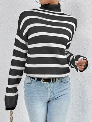 Fashion Favorite Turtle Neck Striped Sweater-MXSTUDIO.COM