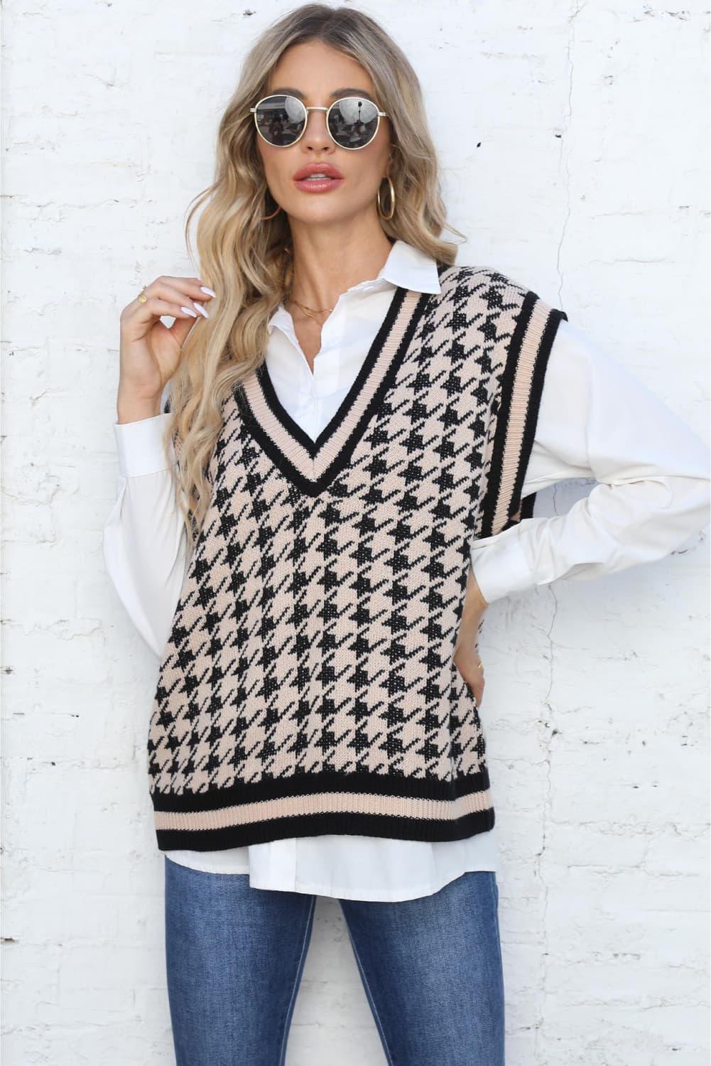 Fashionista Ribbed Houndstooth Sweater Vest - MXSTUDIO.COM