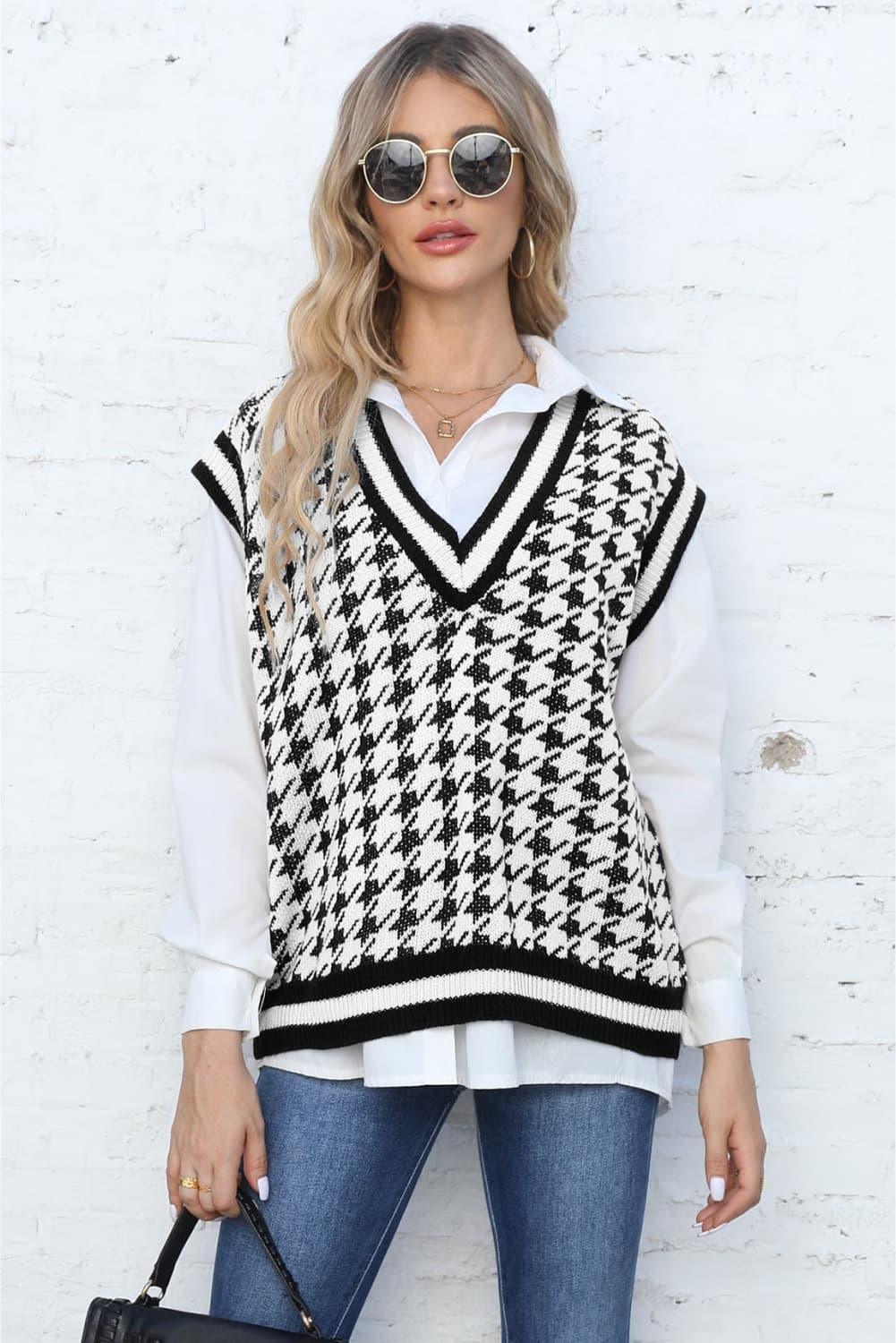 Fashionista Ribbed Houndstooth Sweater Vest - MXSTUDIO.COM
