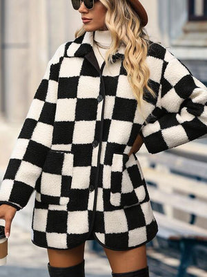 Faux Fleece Black And White Checkered Coat-MXSTUDIO.COM