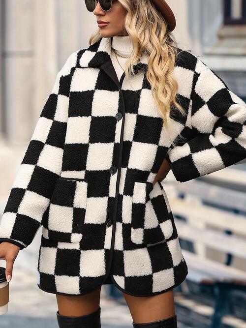 Faux Fleece Black And White Checkered Coat-MXSTUDIO.COM