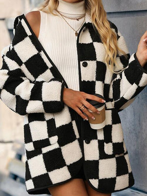 Faux Fleece Black And White Checkered Coat-MXSTUDIO.COM