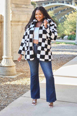 Faux Fleece Black And White Checkered Coat-MXSTUDIO.COM