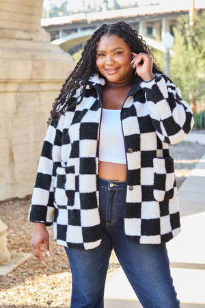 Faux Fleece Black And White Checkered Coat-MXSTUDIO.COM