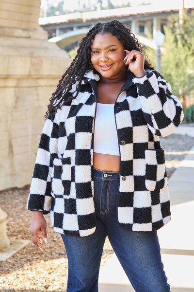 Faux Fleece Black And White Checkered Coat-MXSTUDIO.COM