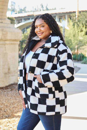 Faux Fleece Black And White Checkered Coat-MXSTUDIO.COM