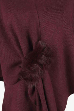 Faux Fur Detail Surplice Neck Pom Pom Poncho-MXSTUDIO.COM
