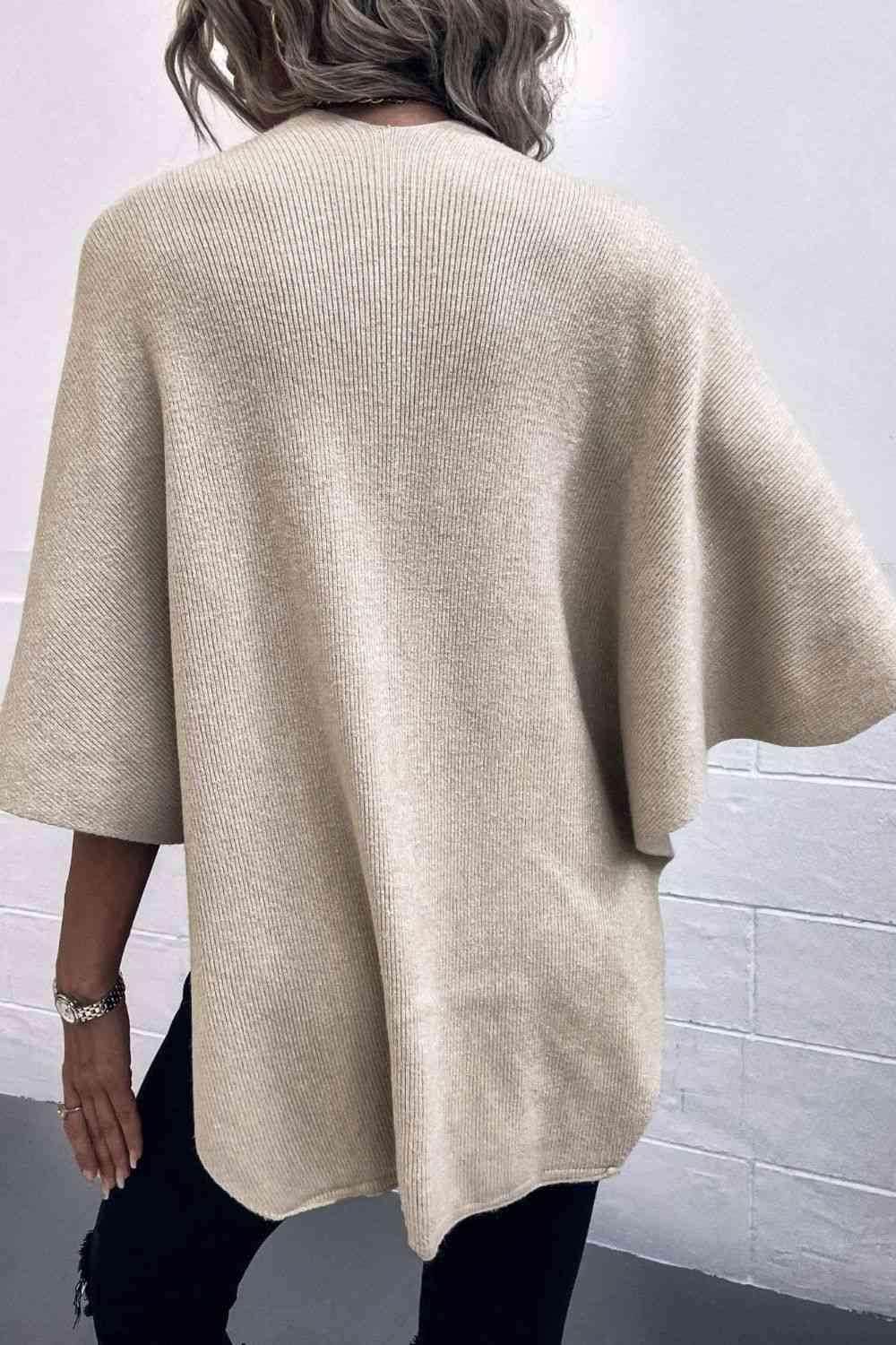 Faux Fur Detail Surplice Neck Pom Pom Poncho-MXSTUDIO.COM