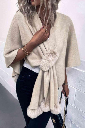 Faux Fur Detail Surplice Neck Pom Pom Poncho-MXSTUDIO.COM
