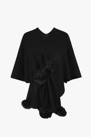 Faux Fur Detail Surplice Neck Pom Pom Poncho-MXSTUDIO.COM