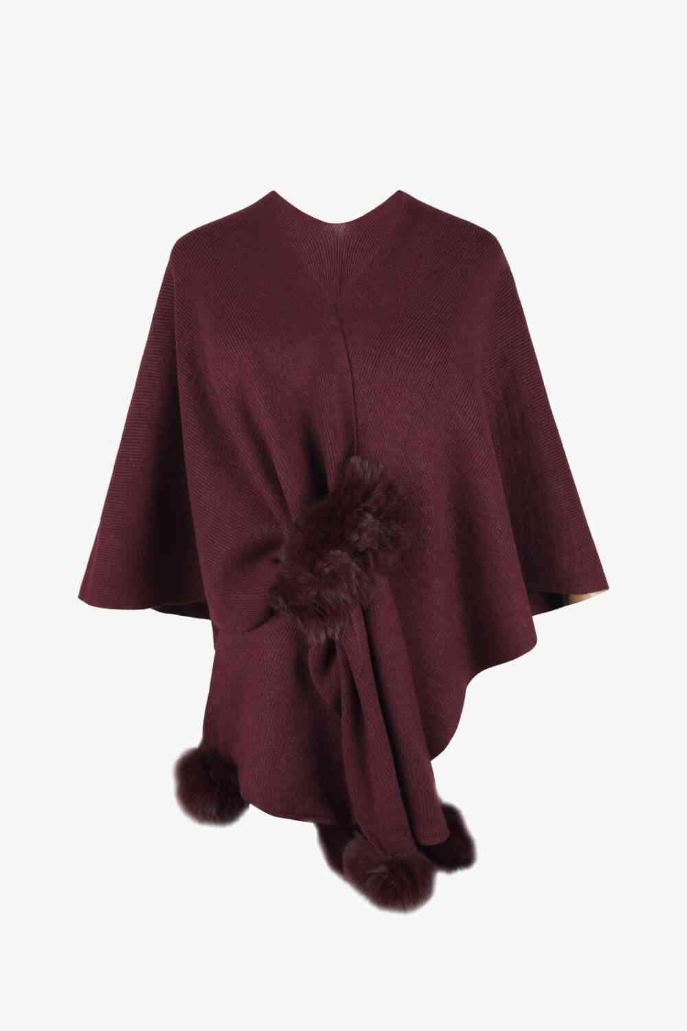 Faux Fur Detail Surplice Neck Pom Pom Poncho-MXSTUDIO.COM