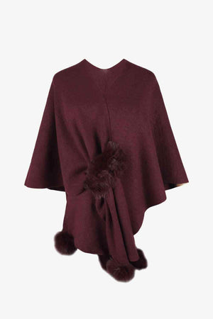 Faux Fur Detail Surplice Neck Pom Pom Poncho-MXSTUDIO.COM