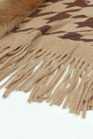 Faux Fur Trim Fringe Houndstooth Poncho-MXSTUDIO.COM