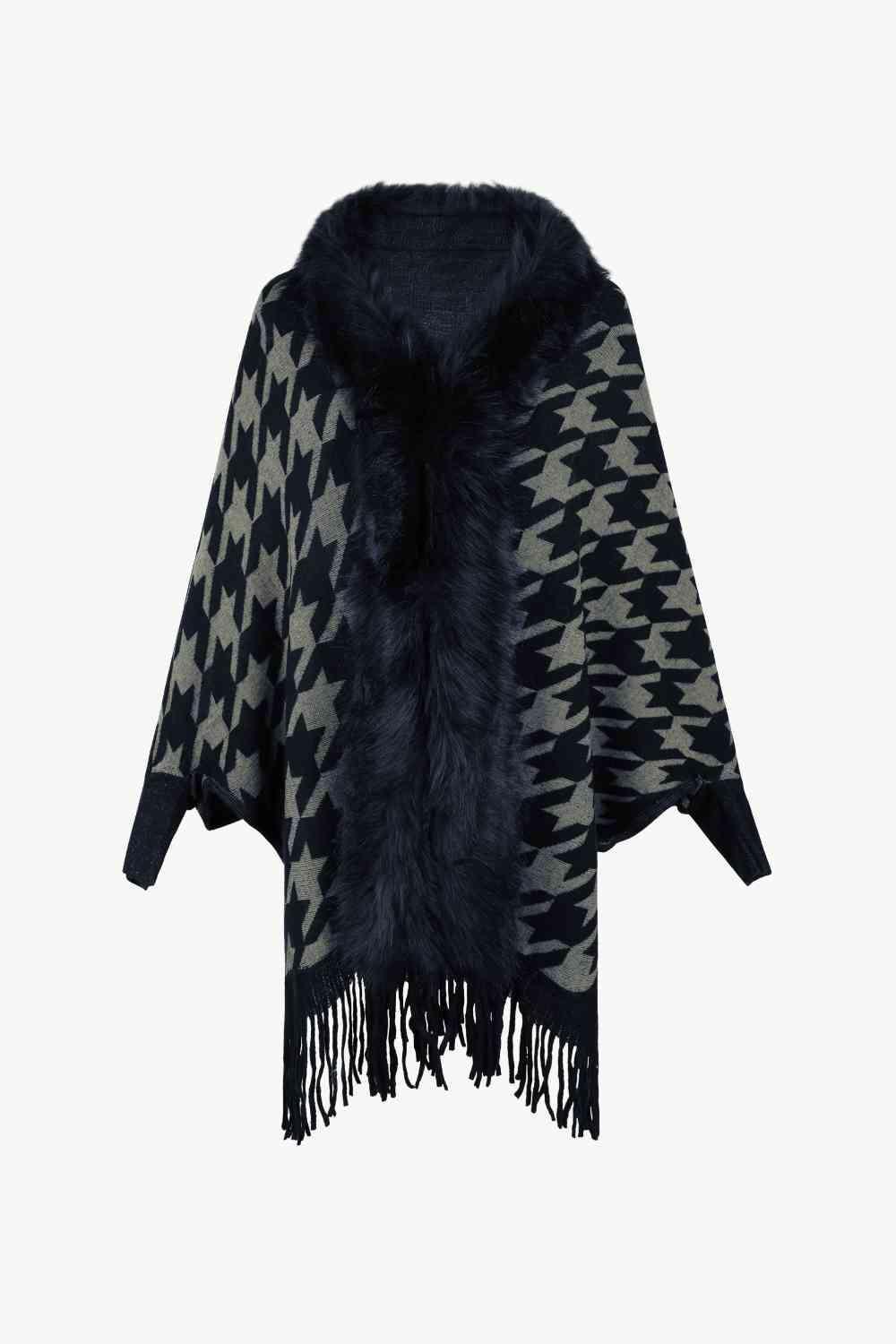 Faux Fur Trim Fringe Houndstooth Poncho-MXSTUDIO.COM