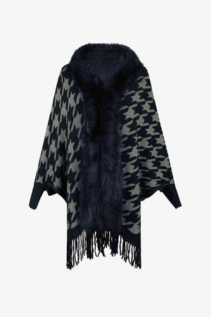 Faux Fur Trim Fringe Houndstooth Poncho-MXSTUDIO.COM