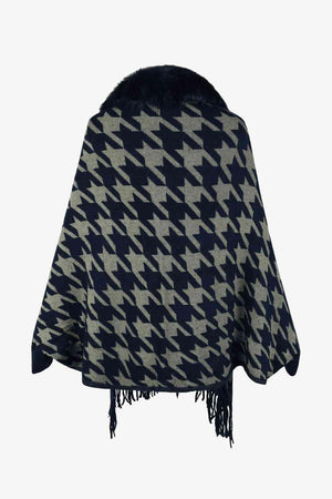 Faux Fur Trim Fringe Houndstooth Poncho-MXSTUDIO.COM