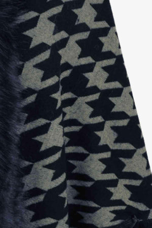 Faux Fur Trim Fringe Houndstooth Poncho-MXSTUDIO.COM
