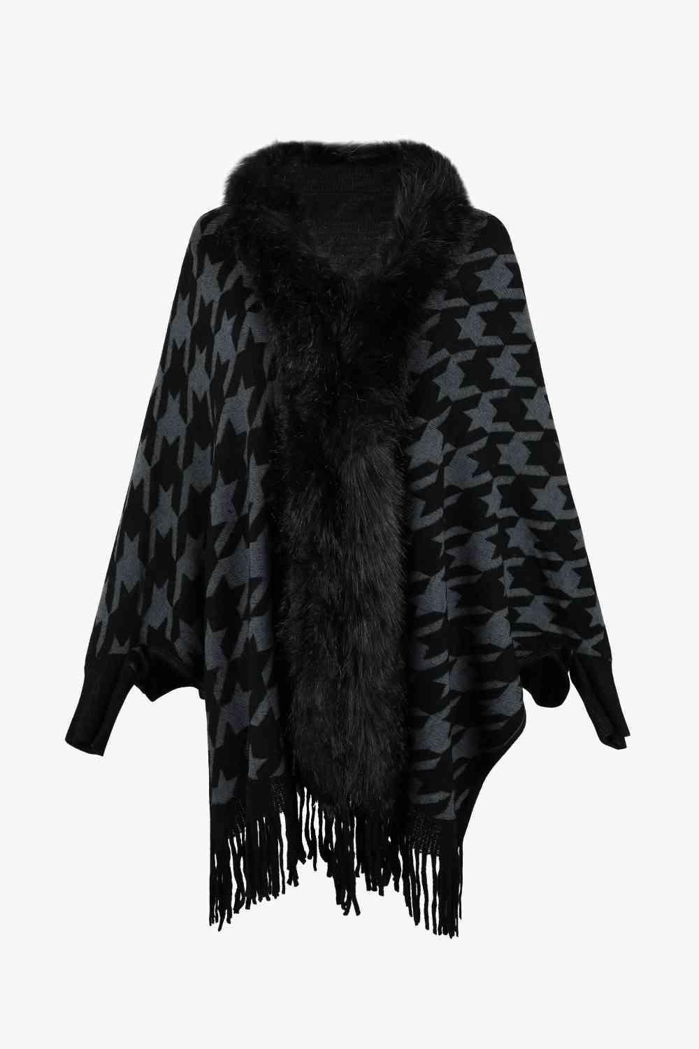 Faux Fur Trim Fringe Houndstooth Poncho-MXSTUDIO.COM