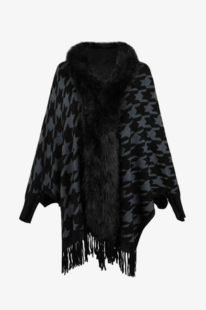 Faux Fur Trim Fringe Houndstooth Poncho-MXSTUDIO.COM