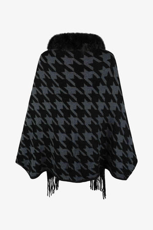 Faux Fur Trim Fringe Houndstooth Poncho-MXSTUDIO.COM