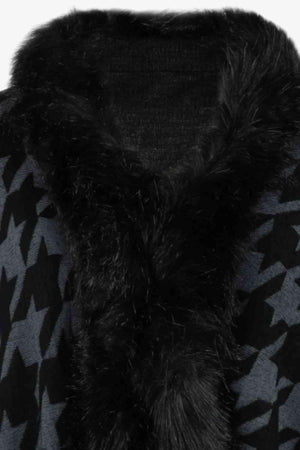 Faux Fur Trim Fringe Houndstooth Poncho-MXSTUDIO.COM