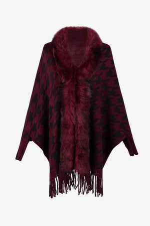 Faux Fur Trim Fringe Houndstooth Poncho-MXSTUDIO.COM
