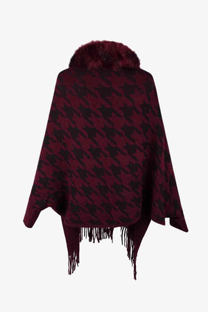 Faux Fur Trim Fringe Houndstooth Poncho-MXSTUDIO.COM