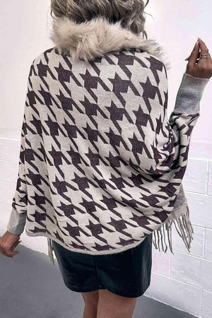 Faux Fur Trim Fringe Houndstooth Poncho-MXSTUDIO.COM