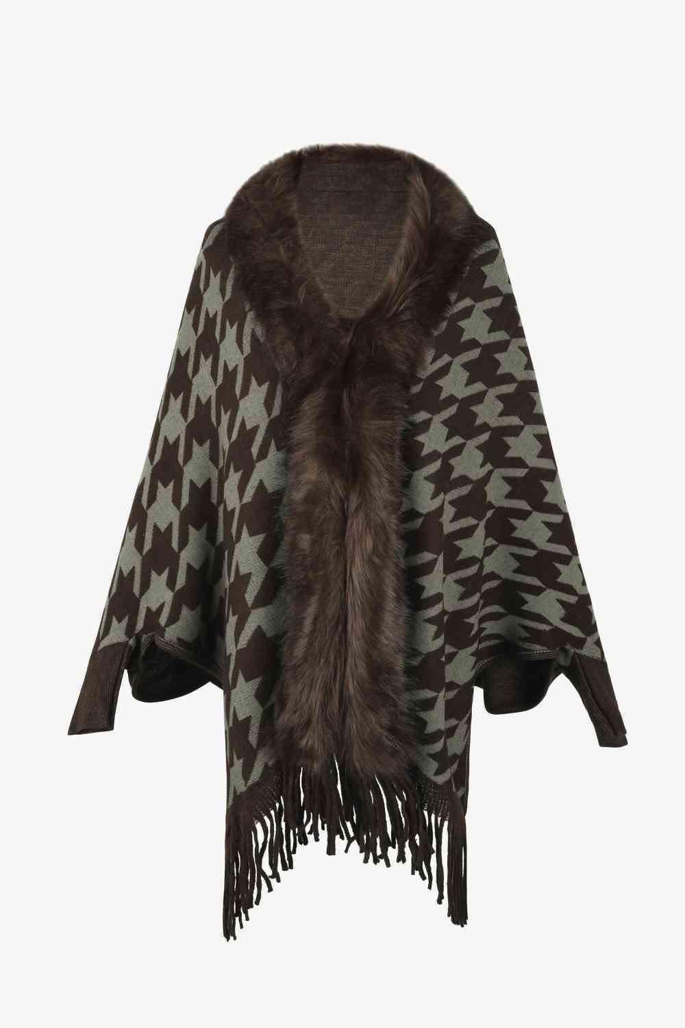 Faux Fur Trim Fringe Houndstooth Poncho-MXSTUDIO.COM