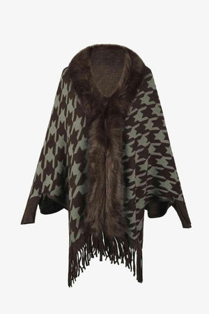 Faux Fur Trim Fringe Houndstooth Poncho-MXSTUDIO.COM
