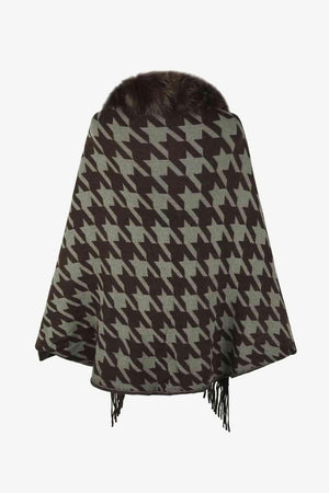Faux Fur Trim Fringe Houndstooth Poncho-MXSTUDIO.COM