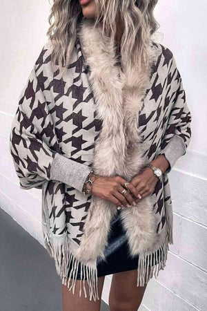Faux Fur Trim Fringe Houndstooth Poncho-MXSTUDIO.COM