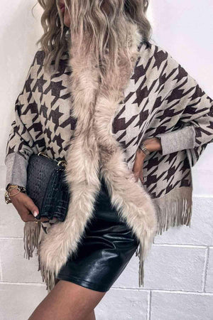 Faux Fur Trim Fringe Houndstooth Poncho-MXSTUDIO.COM