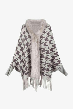 Faux Fur Trim Fringe Houndstooth Poncho-MXSTUDIO.COM