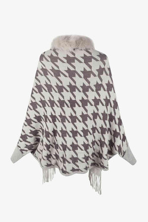 Faux Fur Trim Fringe Houndstooth Poncho-MXSTUDIO.COM