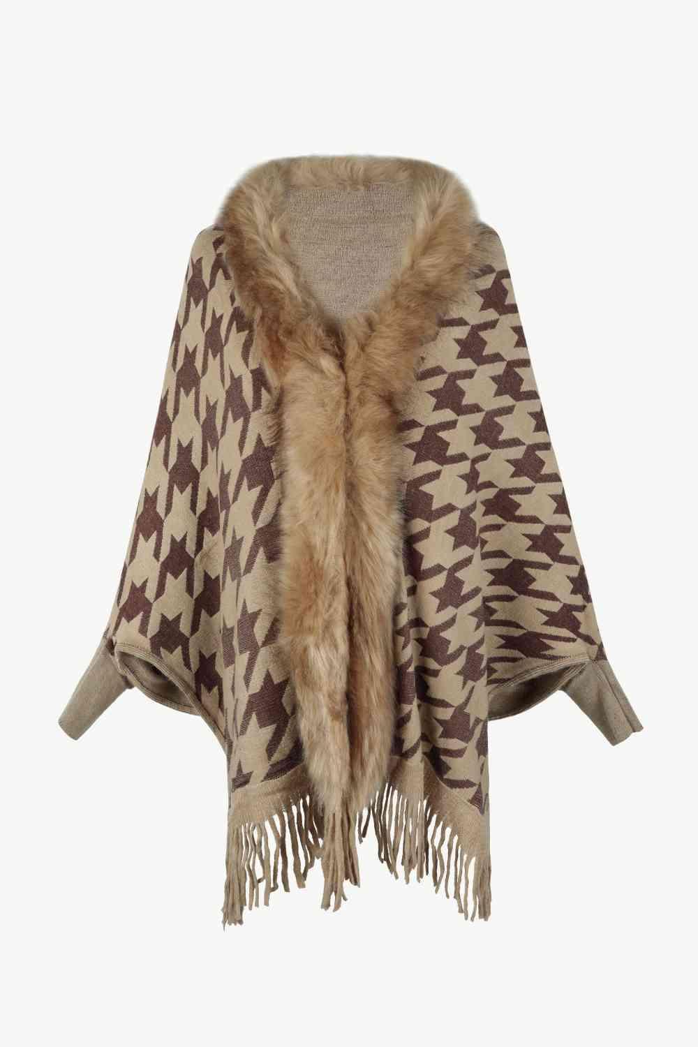 Faux Fur Trim Fringe Houndstooth Poncho-MXSTUDIO.COM